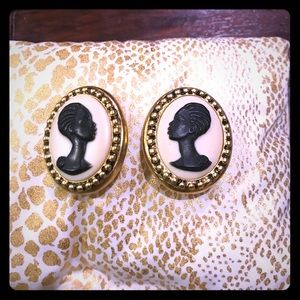 Signed Coreen Simpson Black Cameo Vintage Earrings